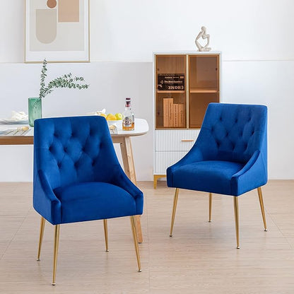Modern Dining Chair Set of 2, Mid-Century Room Chair, Upholstered Comfortable Velvet with Back Pull Rod and Metal Legs for Kitchen, Dining, Living (Blue), (DYXSD)