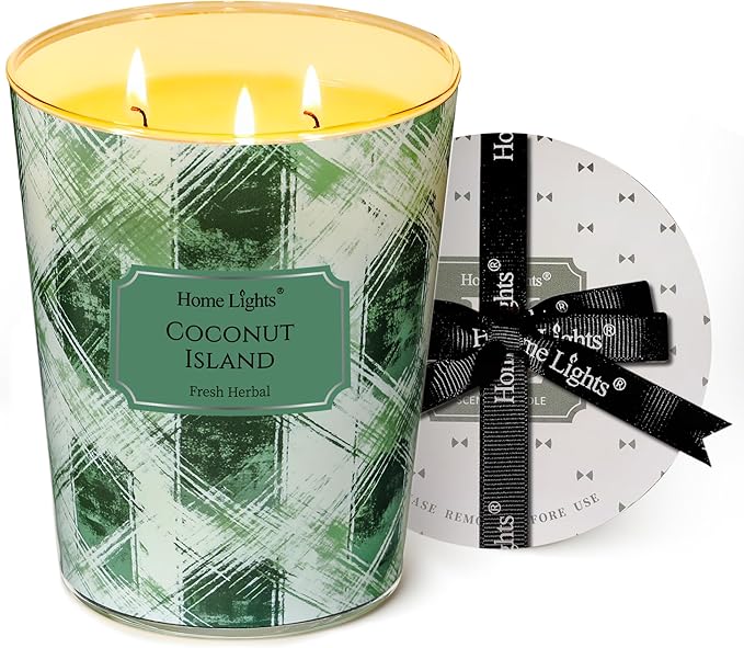 HomeLights 3-Wick Candles for Home Scented - 34oz Soy Wax Blend Candle Long-Lasting Fragrance, Scandinavian Minimalist Design Home Decor and Housewarming Gifts, Coconut Island