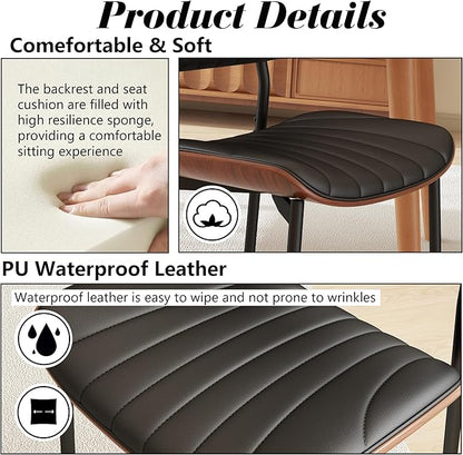 Modern PU Leather Dining Room Chairs Set of 4, Upholstered Kitchen Chairs with Walnut Bentwood Back and Metal Legs Adjustable Feet for Kitchen Dining Room(Balck)