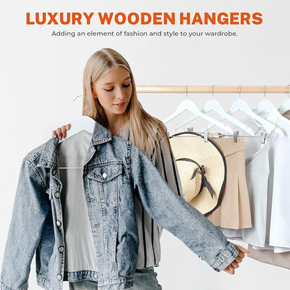 HOUSE DAY Wooden Hangers with Clips 24 Pack, Heavy Duty White Wood Pants Hanger, Premium Skirt Hanger with Adjustable Clips, Solid Clip Hangers for Suit, Blouse, Dress, Coat, Jacket, Bottom
