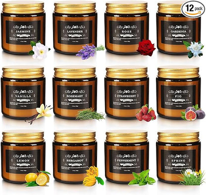 Scented Candle Set 12 Pack, Candle for Home Scented, Odor Eliminating, Stress Relief, Long Lasting Soy Wax Gift Set