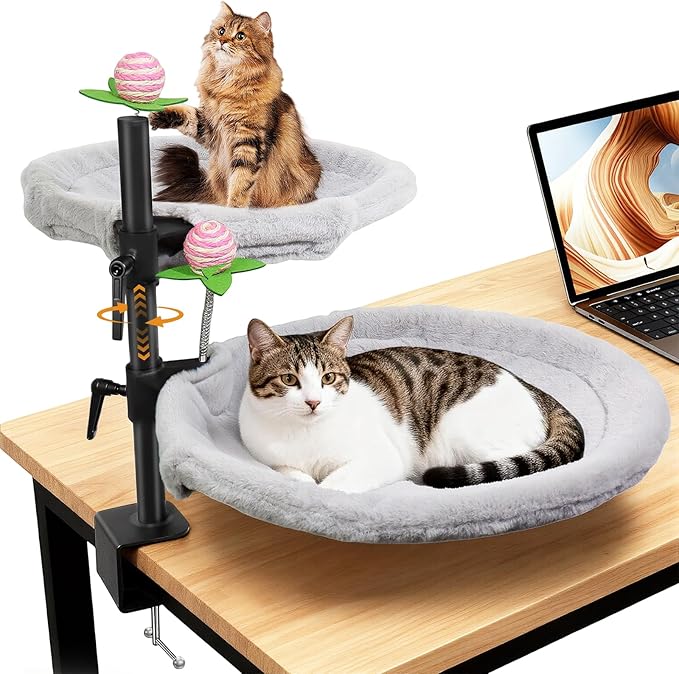 Double Cat Desk Bed, 360° Rotating & Adjustable Desk Mount with Soft Faux Fur & Breathable Mesh Accessories, Ergonomic Cat Perch for Remote Workers,Gamers, and Office Staff - Supports up to 44 lbs