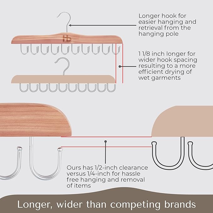Large Bra Hanger and Bra Organizer for Closet – Tank Top Hanger Space Saving for House, Dorm, Apartment - Foldable Wooden Hangers for Closet Organizer - 20 Hooks - Cedar Wood, Natural, 2 Pack