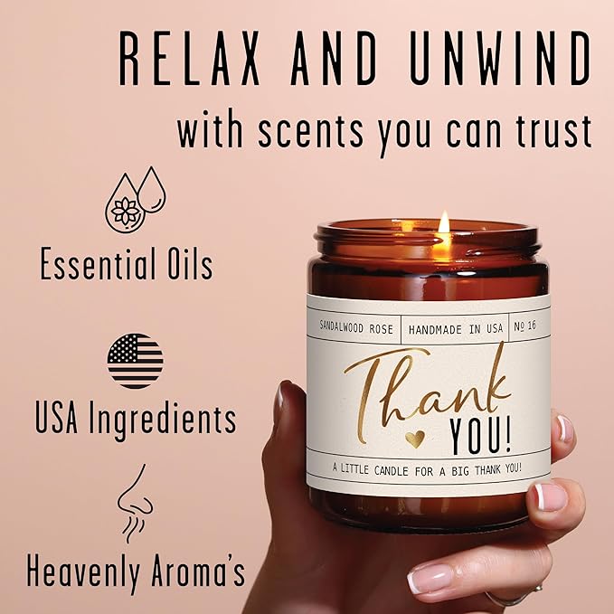 Thank You Gifts for Women - 'Thank You' Candle, w/Sandalwood Rose I Appreciation Gifts for Women I Thank You Gift for Friends, Couples, Coworkers, Boss, Teacher, Staff, Employee I 50Hr Burn, USA Made