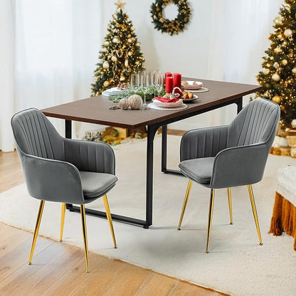 ECOTOUGE Matte Velvet Dining Chairs Set of 2, Modern Arm Chair with Golden Metal Legs, Living Room Accent Chairs for Kitchen, Grey