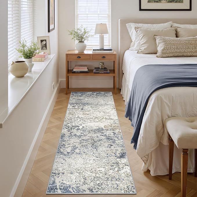 Art&Tuft Runner Rug 2'6x6' - Anti-Slip Backing Abstract Hallway Rug, Stain Resistant Kitchen Rugs, Foldable Machine Washable Area Rug(TPR18-Blue, 2'6x6')