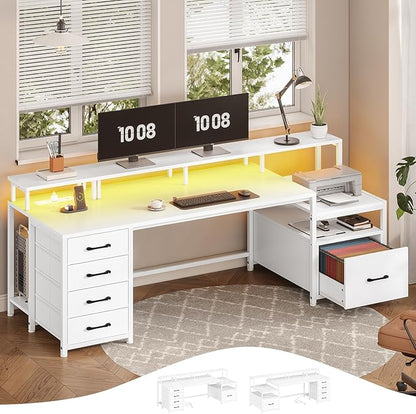 SEDETA White Computer Desk with 5 Drawer & Power Outlet, 75'' Home Office Desk with File Drawer, Storage Shelves, Printer Cabinet and Monitor Shelf, Gaming Desk with Led Lights, 23.6" W Desktop