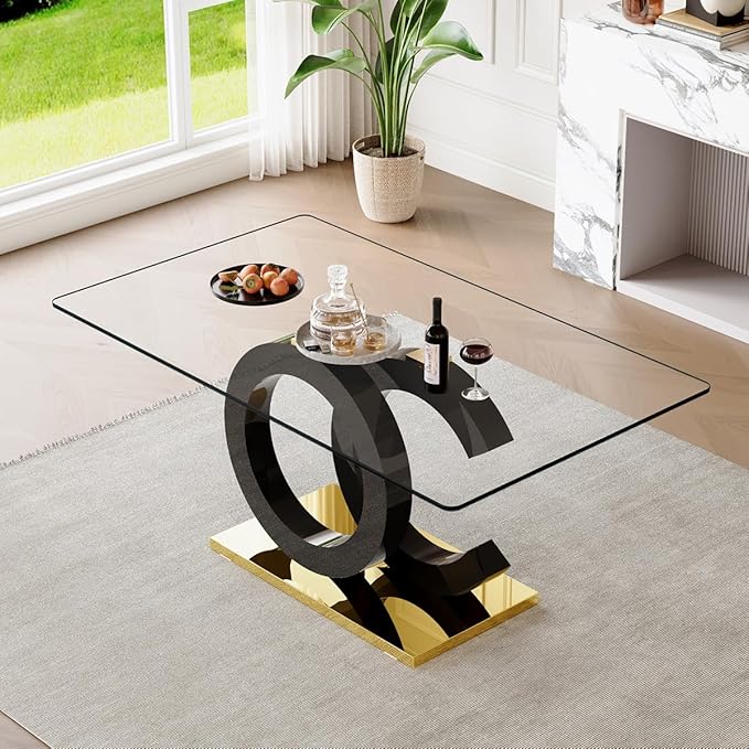 gopop 63'' Glass Dining Table, Modern Kitchen Table, Clear Glass Dining Table with Black Unique Design Leg and Gold Metal Base.(Only Table)