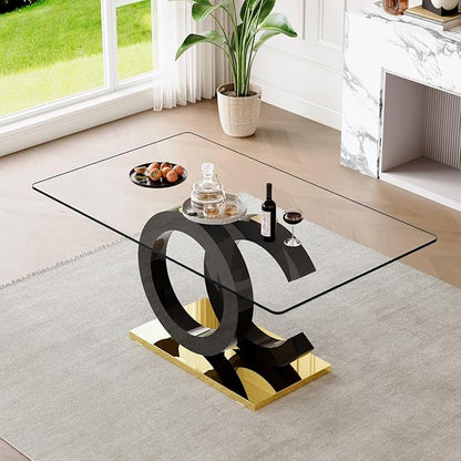 gopop 63'' Glass Dining Table, Modern Kitchen Table, Clear Glass Dining Table with Black Unique Design Leg and Gold Metal Base.(Only Table)