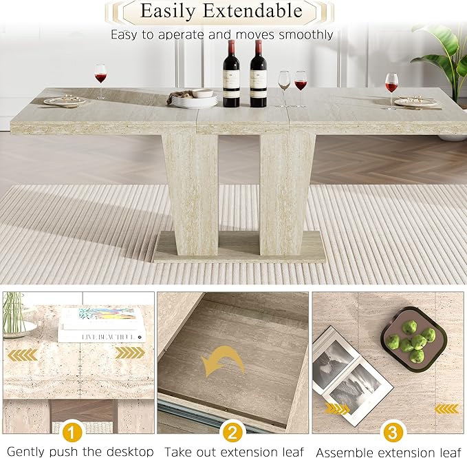Goujxcy 7-Piece Extendable Dining Table Set for 6, 63-78 Inch Faux Travetine Kitchen Table Set with 6 Beige Upholstered Chairs Modern Wood Expandable Dining Room Table Set for Kitchen Apartment