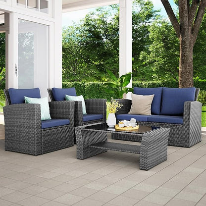 Wisteria Lane 4 Piece Patio Furniture Set, Wicker Outdoor Patio Conversation Furniture Set, All Weather Outdoor Patio Sofa with Cushion and Glass Table, Blue