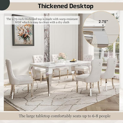 7-Piece Dining Table Set for 6, Faux Marble Dining Table Set with 70'' Marble Dinner Table and 6 Velvet Wing Back Chairs for Kitchen, Dining Room, White & Silver