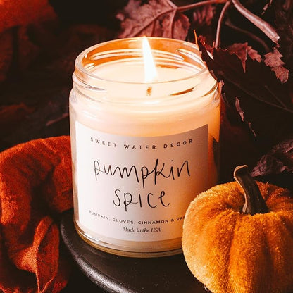 Sweet Water Decor Pumpkin Spice Candle - Fall Candles with Pumpkin, Clover, Cinnamon & Vanilla Scent for Home - Autumn Candle with 40 Hours Burn Time - 9Oz Gold Lid Clear Jar Cozy Soy Candles