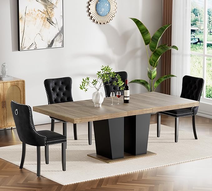 Goujxcy 5-Piece Extendable Dining Table Set for 4-8 People 63-78 Inch Kitchen Table Set with 4 Velvet Upholstered Chairs Farmhouse Rectangular Dining Room Table Set for Kitchen Dining Room Apartment