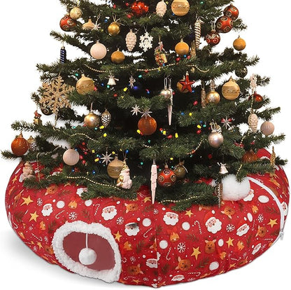 Cat Tunnel Christmas Tree Skirt Cat Tunnel Bed for Indoor Cats Play Donut Tunnel Toys S Shape for Rabbit Ferret (Red)