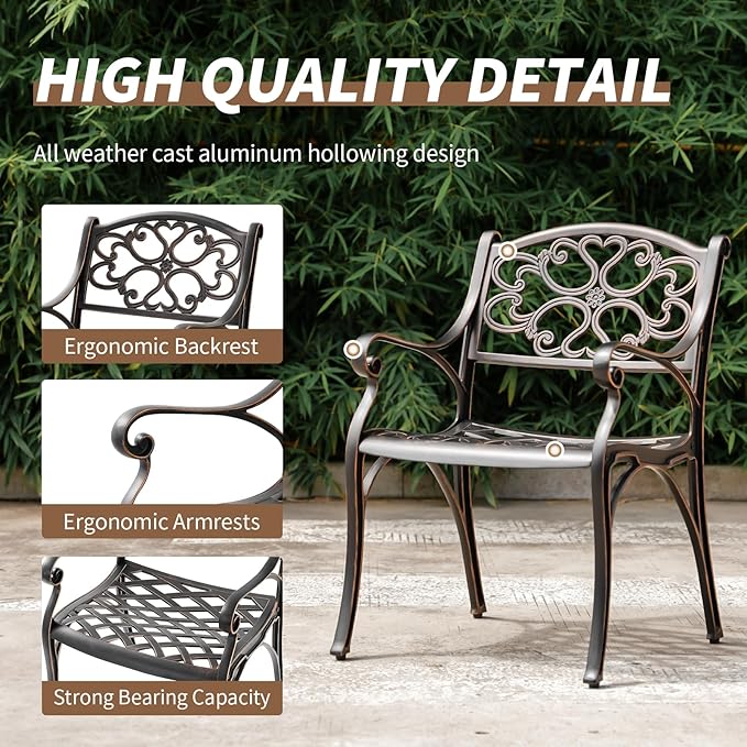 Cast Aluminum Patio Dining Set, Outdoor Bistro Set, 31.5" Round Outdoor Dining Table with Umbrella Hole, 2 Bistro Chairs for Yard Porch Garden Balcony