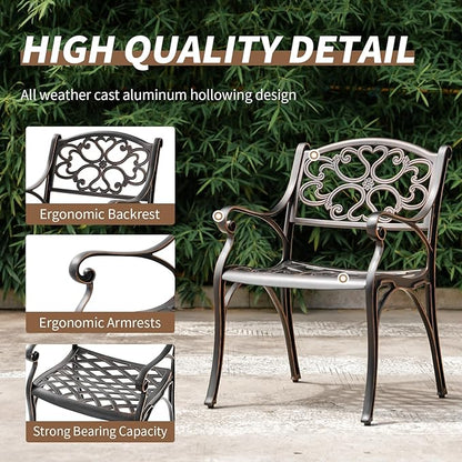 Cast Aluminum Patio Dining Set, Outdoor Bistro Set, 31.5" Round Outdoor Dining Table with Umbrella Hole, 2 Bistro Chairs for Yard Porch Garden Balcony