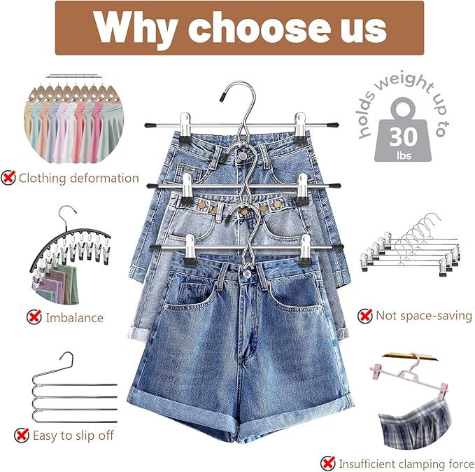 Pants Hangers Space Saving,Stackable Skirt Hangers with Clips, Hanging Closet Organizer and Storage,Clothes Hangers, College Dorm Essentials Apartment Essentials- 8 Pack
