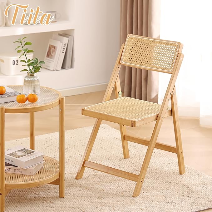 Tiita Rattan Dining Chairs Set of 1, Mid Century Modern Folding Chair, Bamboo Folding Dining Chairs for Small Space, Dining Room, Living Room, Bedroom, Wood