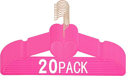 Velvet Hangers 20 Pack, 360° Swivel Rose Gold Hooks, 16" Non Slip Felt Hanger, Space Saving Clothes Hanger, Durable & Cute Flocked Heart Hanger for Adult (Hot Pink)