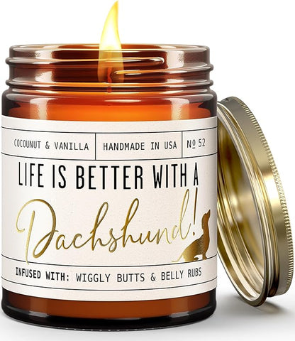 Dachshund Gifts for Women - 'Life is Better with a Dachshund' Candle, w/Vanilla, Coconut & Citrus - Infused w/Essential Oils I Weiner Dog Gifts for Women I Dachshund Decor I 50Hr Burn, USA Made