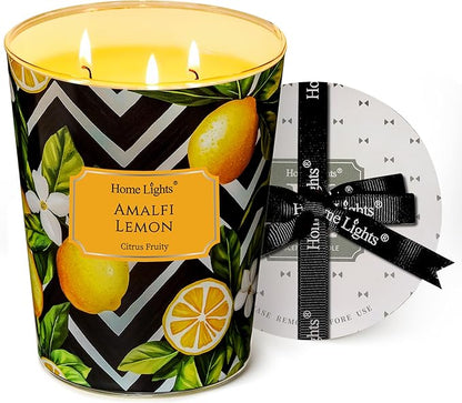 HomeLights Large jar Candle | 3-Wick Long-Lasting Scented Candles, 34oz Natural Soy Wax Candle for Home Scented, Eclectic Mixed Styles Gifts for Women & Men, Amalfi Lemon