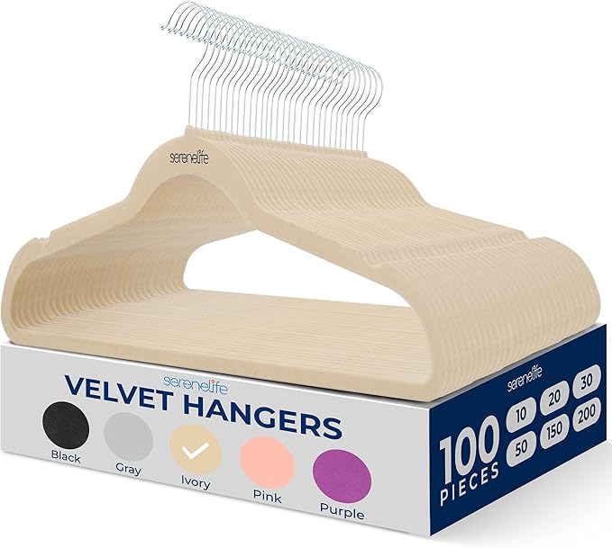 SereneLife 100 Pack Velvet Non-Slip Heavy Duty Adult Hangers – Ultra-Thin Space Saving Clothes Organizer with 360° Swivel Hook for Coats Shirts Dresses Closet Storage – Ivory