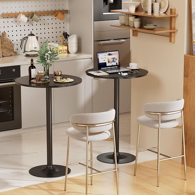 Shahoo Round Bar Table, Cocktail Tables with Metal Base & MDF Top, for Bistro Pub, Cafe, Black
