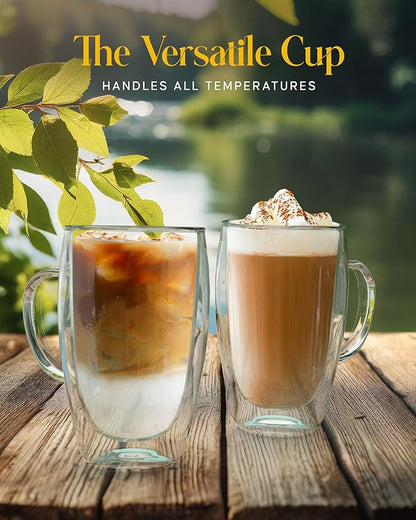 Kitchables Double Walled Glass Coffee Mugs Set of 2, 15oz - Insulated Glass Coffee Mugs for Cappuccino, Latte, Tea, Espresso - Latte Cup - Tazas Para Cafe