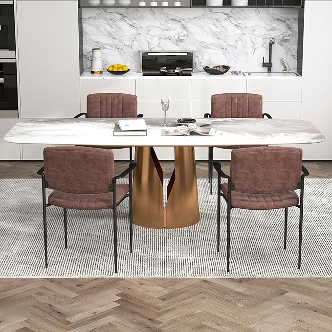 Mid-Century Modern PU Leather Dining Chairs Set of 4, Upholstered Kitchen Chairs with Arms and Metal Legs Adjustable Feet for Kitchen Dining Room(Brown)
