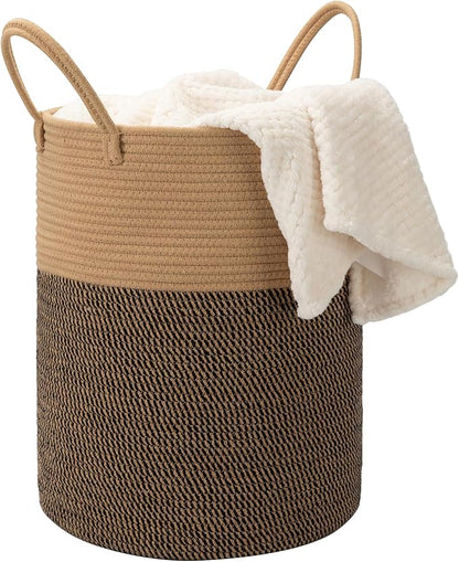 58L Cotton Rope Laundry Basket (20"x15"),Woven Basket for Storage Dirty Clothes Basket for Laundry, Living Room, Nursery, Bedroom Rope Storage Basket for Blankets（Brown/Stitches）