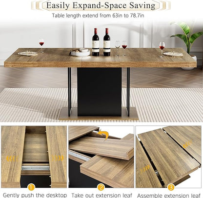 Goujxcy 78.7" Farmhouse Extendable Dining Room Table Set for 6, 7-Piece Rectangle Kitchen Dining Room Table Set with Wood Base and 6 Grey Velvet Dining Chairs, Extending Kitchen & Dining Table Set