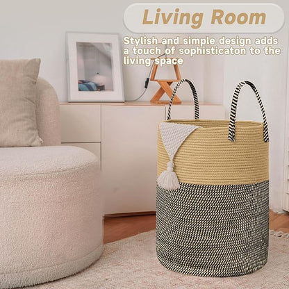 Large Woven Laundry Basket Hamper,100L Cotton Rope Storage Bin for Blankets,Toys and Clothes,Decorative Tall Nursery Hamper for Living Room,Baby Nursery,Bathroom and Bedroom,Brown and Black