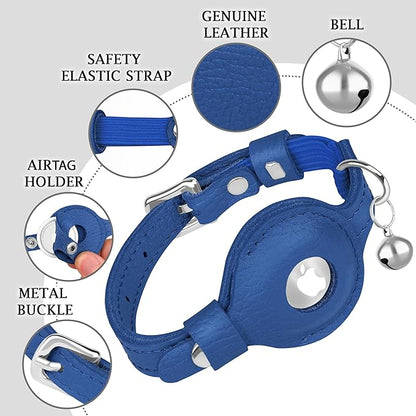 OOPSDOGGY Cat Collar for AirTag Holder, Leather Kitten Collars with Elastic Strap & Bell, Non Breakaway Adjustable Small Pet Collars for Indoor & Outdoor for Boy, Girl (Blue)