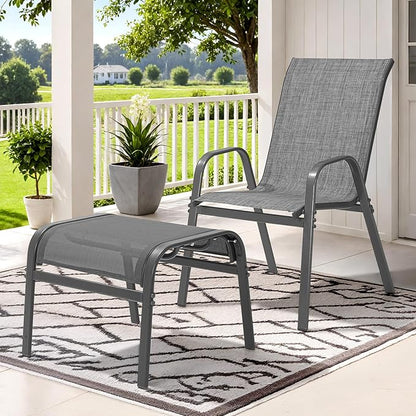 ONBRILL Outdoor Ottoman Set of 2, All Weather Outdoor Foot Stool with Supportive Textliene and Metal Frame, Stackable Oversized Outdoor Foot Rest for Furniture Patio Garden Pool, Grey