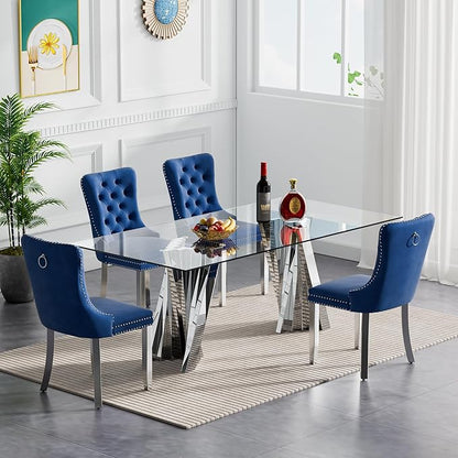 Goujxcy 70" Glass Dining Table Set for 4, Modern Silver Dining Table Set with 4 Blue Velvet Upholstered Dining Chairs, 5 Piece Kitchen Dining Room Table Set with Stainless Steel Legs