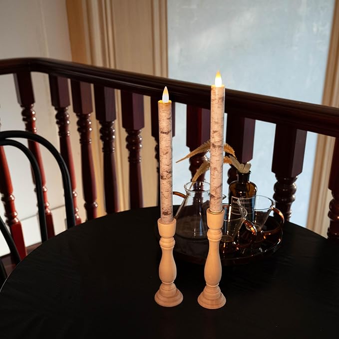Flameless Taper Candles Flickering with Remote and Timer, 3D Moving Flame Taper Candle Battery Operated to 400 Hours, 9 Inch Window Candles, (Birch Bark)