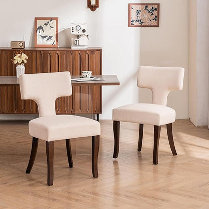 Mid Century Modern Dining Chairs Set of 4, Upholstered Side Dining Chairs with Curved Back Linen Fabric Armless Wood Chairs Kitchen & Dining Room Farmhouse Chairs (White)