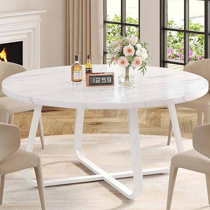 LVB White Faux Marble Round Dining Table, Circle Dining Table Kitchen 4-6 People, Mid-Century Pedestal Dinner Office Living Room, White Marble, 51 Inch