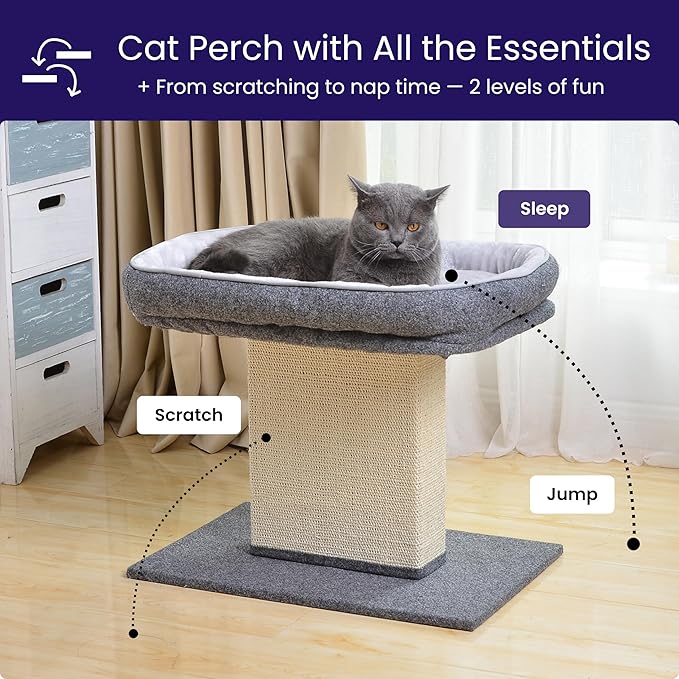 Catry Mellow 2-Level 19" Cat Tree with Large Washable Replaceable Bed, Big Sisal Post, Quick Assembly, Built to Last, Ideal for Small to Large Cats, Grey