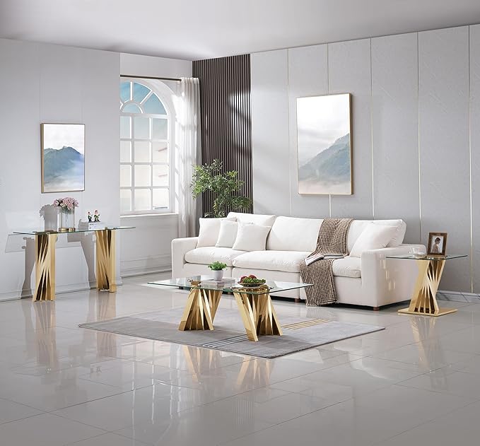 Goujxcy Modern Glass End Table Gold Sofa Side Table with Tempered Glass Top and Mirror Finish Stainless Steel Legs, Luxury Square Sofa Side Table Bedside Table for Living Room Bedroom (Gold)