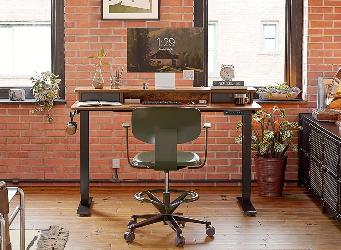 FEZIBO 40 x 24 Inch Height Adjustable Electric Standing Desk with Double Drawer, Computer Desk, Home Office Stand Up Table with 4 Height-Adjustable Feets & 2 Hooks, Rustic Brown