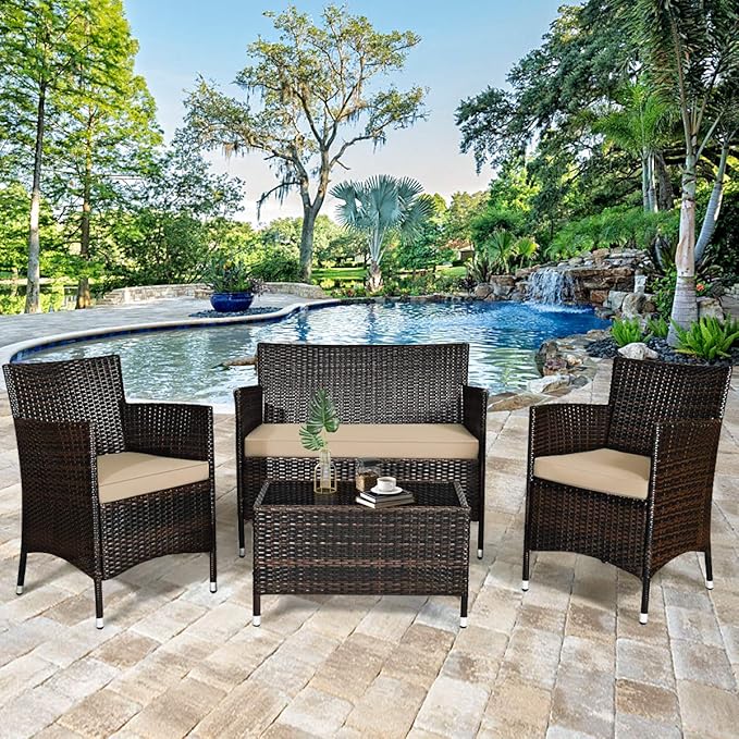Goplus 4-Piece Rattan Patio Set, Outdoor/Indoor Wicker Conversation Set for Pool, Backyard, Lawn, Wicker Chairs and Sofa with Soft Cushion, Rattan Furniture with Tempered Glass Coffee Table