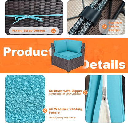 Kurapika 13 Pieces Patio Furniture Set, Rattan Wicker Outdoor Conversation Sets w/43in Propane Fire Pit Table and 4 Inch Cushion(Blue)