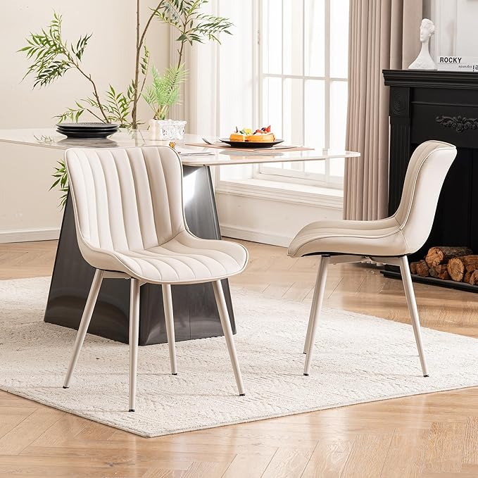 YOUNUOKE Mid-Century Modern Dining Chairs Set of 2, Cream PU Leather Upholstered Kitchen Chairs with Cream Metal Legs, Armless Accent Chair for Dining Room, Guest Reception Room