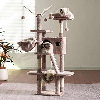 Hey-brother Cat Tree, 53 inch Cat Tower for Indoor Cats, Cat House with Padded Platform Bed, Toy Balls, Large Cozy Condo, Hammocks and Sisal Scratching Posts, Muchroom MPJ019-SMU