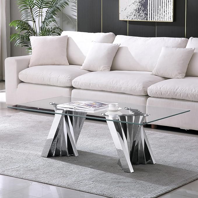 Goujxcy Modern Glass Coffee Table 51" Silver Center Table with Tempered Glass Top and Mirror Finish Stainless Steel Legs, Luxury Rectangular Coffee Table for Living Room Apartment (Silver)