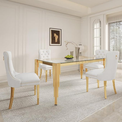 5 Piece Glass Dining Table Set, Modern 63" Rectangle Glass Kitchen Table with 4 White Velvet Upholstered Chairs, Gold Dining Table for 4 with Chairs Set for Kitchen, Living Room