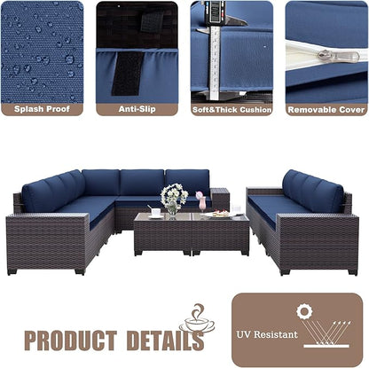 Kurapika 12 Pieces Patio Furniture Set, Rattan Wicker Outdoor Conversation Sets w/4 Inch Cushion and Glass Coffee Table(Navy Blue)