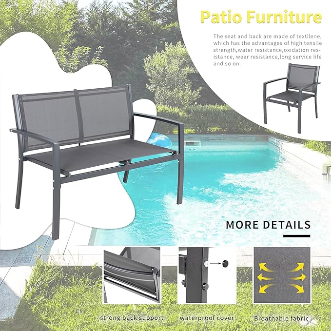 Shintenchi 4 Pieces Patio Furniture Set All Weather Textile Fabric Outdoor Conversation Set, with Glass Coffee Table, Loveseat, 2 Single Chairs for Home, Garden, Lawn, Porch（Gray）